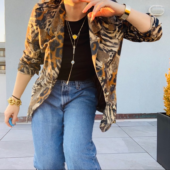 Vintage Jordana Jungle Animal Print Gold Buttons Fax Fur Blazer - Picture 13 of 16